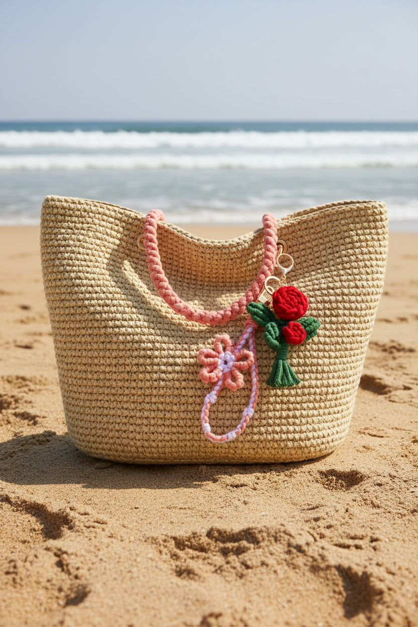 Double floral woven bag charm